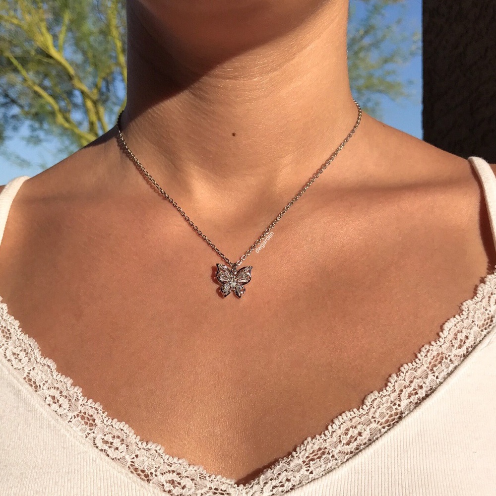 Silver Crystal Butterfly Necklace